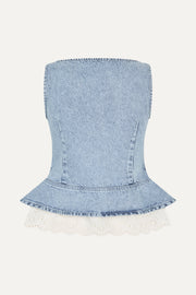 Stine Goya UK Boatneck Frill Buttoned Top Top Denim Blue