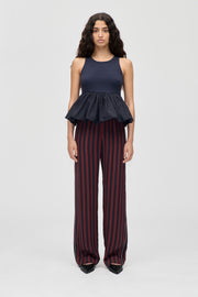 Stine Goya UK Elasticated Long Pants Pants Navy and Burgundy Wallpaper Stripes