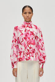 Stine Goya UK Gathered Highneck Long Sleeve Top Top Brush Stroke Magnolias