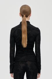 Stine Goya UK Gathered Long Sleeve High Neck Collar Top Top Black Petunias