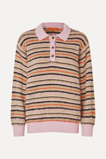 Stine Goya UK Long Sleeve Knit Polo Knit Alpaca Cream Stripes