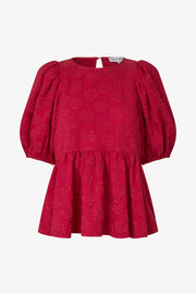 Stine Goya UK Puff Sleeve Peplum Top Top Red Rose Relief