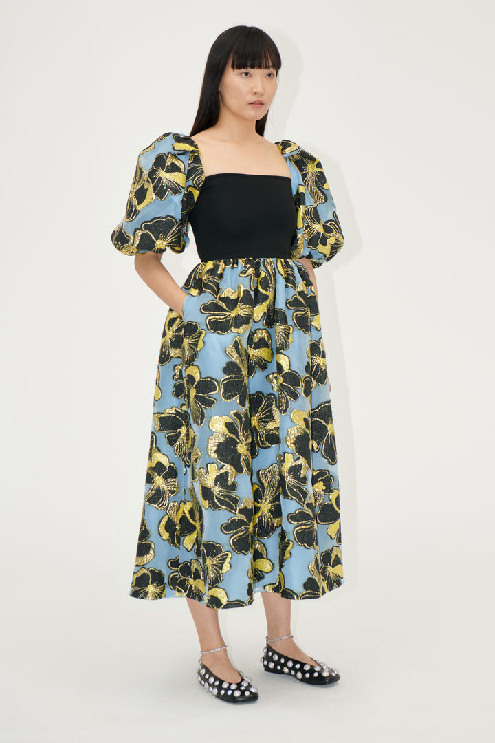 3/4 Sleeve Combo Bodice Midi Dress - Blue Anemone Jacquard - Stine Goya UK