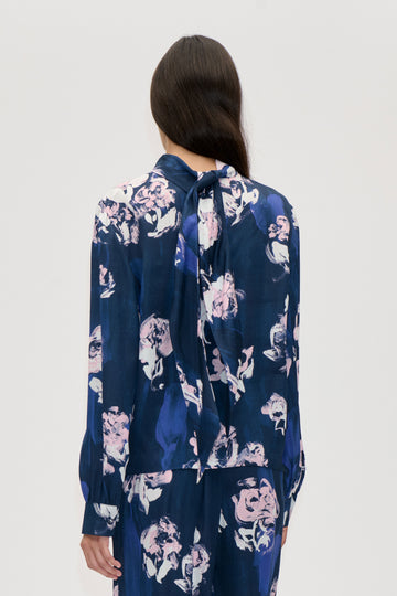 Stine Goya UK Back Tie Blouse Top Blush Roses On Indigo