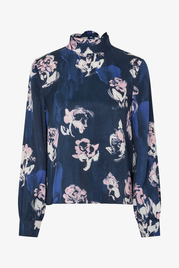 Stine Goya UK Back Tie Blouse Top Blush Roses On Indigo
