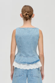 Stine Goya UK Boatneck Frill Buttoned Top Top Denim Blue