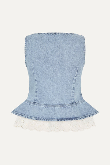 Stine Goya UK Boatneck Frill Buttoned Top Top Denim Blue
