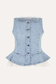 Stine Goya UK Boatneck Frill Buttoned Top Top Denim Blue