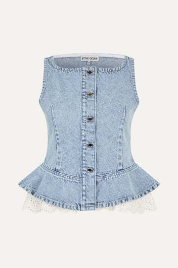 Stine Goya UK Boatneck Frill Buttoned Top Top Denim Blue