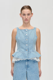 Stine Goya UK Boatneck Frill Buttoned Top Top Denim Blue