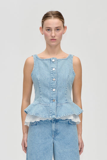 Stine Goya UK Boatneck Frill Buttoned Top Top Denim Blue