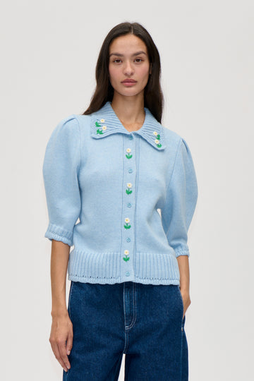 Stine Goya UK Bobble Knit Polo Cardigan Knit Rose Applique