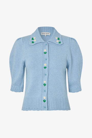 Stine Goya UK Bobble Knit Polo Cardigan Knit Rose Applique