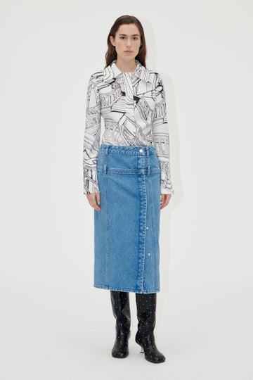 Stine Goya UK Button Slit Detail Midi Skirt Skirt Denim Blue