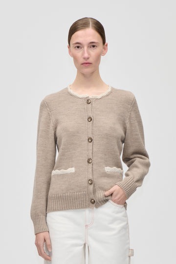 Stine Goya UK Crochet Trim Cardigan Knit Dark Oak