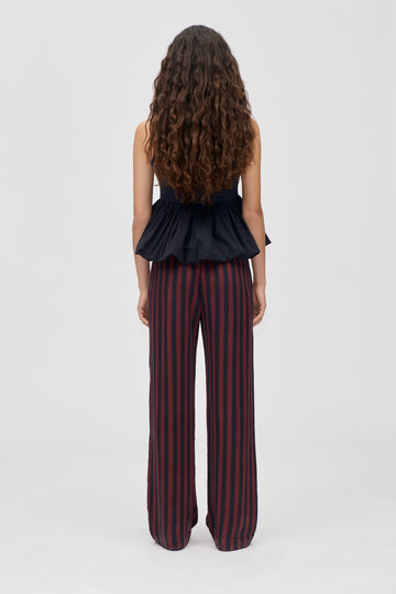 Stine Goya UK Elasticated Long Pants Pants Navy and Burgundy Wallpaper Stripes