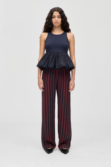 Stine Goya UK Elasticated Long Pants Pants Navy and Burgundy Wallpaper Stripes