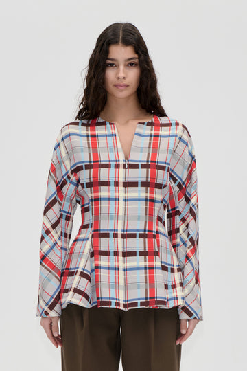 Stine Goya UK Flared Hem Zip-Up Top Top Scarlet Grid
