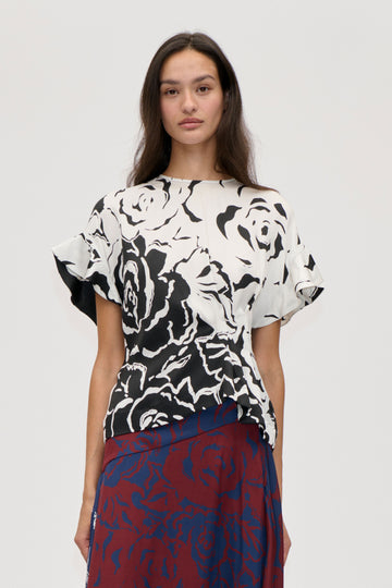 Stine Goya UK Frill Sleeve Pleated Top Top Graphic Rose