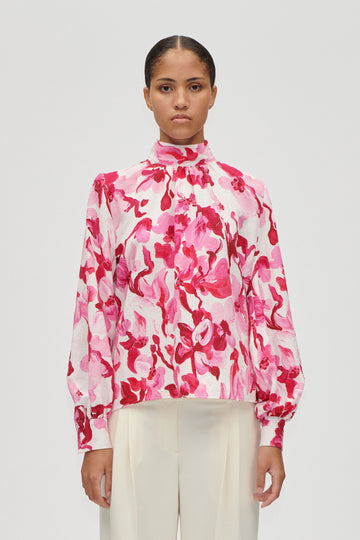 Stine Goya UK Gathered Highneck Long Sleeve Top Top Brush Stroke Magnolias