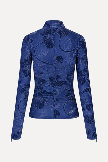 Stine Goya UK Gathered Long Sleeve High Neck Collar Top Top Fine Line Poppies
