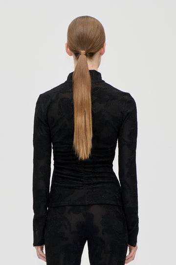 Stine Goya UK Gathered Long Sleeve High Neck Collar Top Top Black Petunias