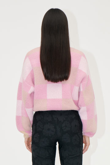 Stine Goya UK Gingham Check Sweater Knit Pink Gingham Check