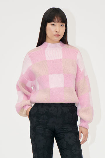 Stine Goya UK Gingham Check Sweater Knit Pink Gingham Check