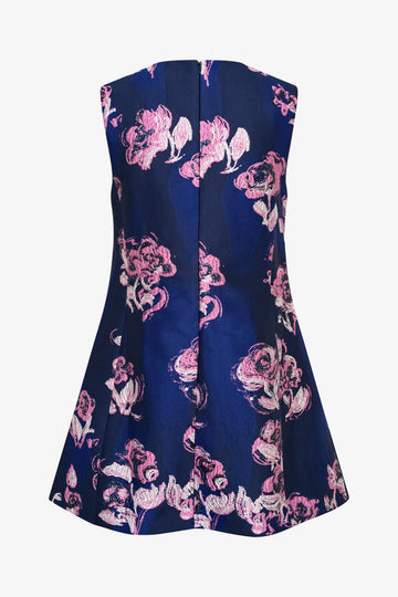 Stine Goya UK Kick Pleat Mini Dress Dress Blush Roses On Indigo