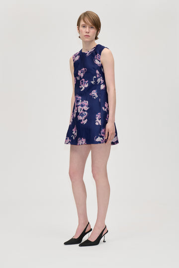 Stine Goya UK Kick Pleat Mini Dress Dress Blush Roses On Indigo
