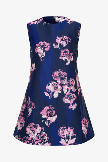 Stine Goya UK Kick Pleat Mini Dress Dress Blush Roses On Indigo