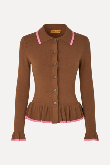 Stine Goya UK Linear Ruffle Cardigan Knit Partridge Brown
