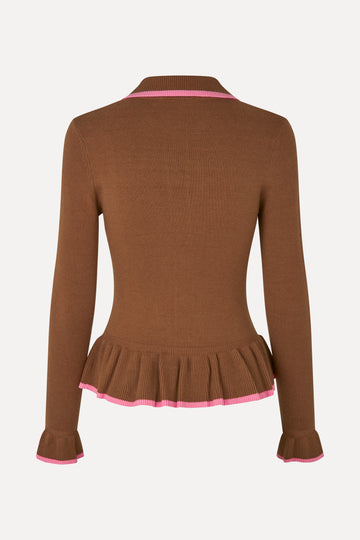 Stine Goya UK Linear Ruffle Cardigan Knit Partridge Brown