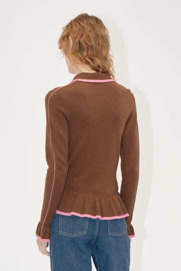Stine Goya UK Linear Ruffle Cardigan Knit Partridge Brown