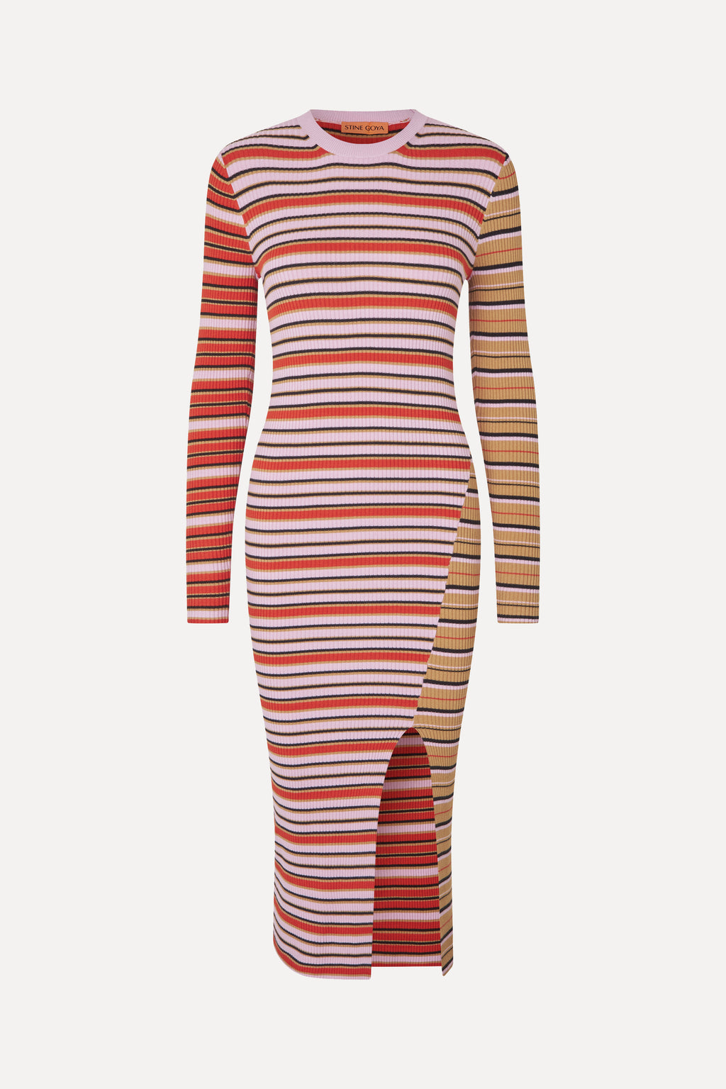 Long Sleeve Knit Dress w/Slit - Cream Stripes / Pink Stripes