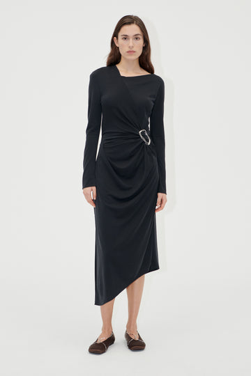 Long Sleeve Midi Dress With Fixed Buckle - Jet Black - Stine Goya UK Long Sleeve Midi Dress With Fixed Buckle - Jet Black - Stine Goya UK