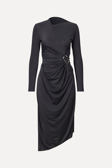 Long Sleeve Midi Dress With Fixed Buckle - Jet Black - Stine Goya UK Long Sleeve Midi Dress With Fixed Buckle - Jet Black - Stine Goya UK