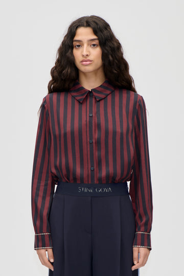 Stine Goya UK Long Sleeve Shirt Top Navy and Burgundy Wallpaper Stripes