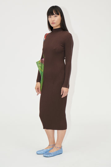 Stine Goya UK Long Sleeve Turtleneck Knit Dress Dress Coffee Brown