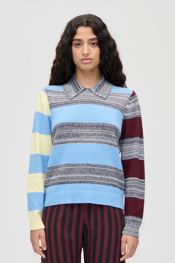 Stine Goya UK Mix Stripe Polo Collar Sweater Knit Multistripes Blue Mix