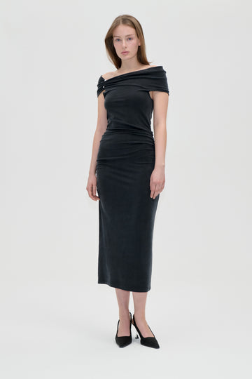 Stine Goya UK One Shoulder Draped Midi Dress Dress Black