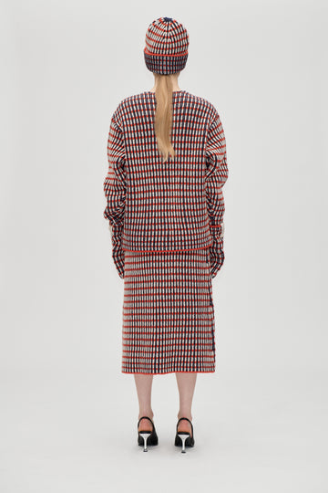 Stine Goya UK Plaited Flared Skirt Knit Navy / Red / Cream