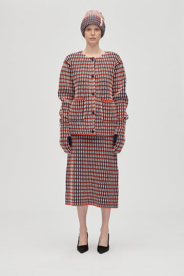 Stine Goya UK Plaited Flared Skirt Knit Navy / Red / Cream