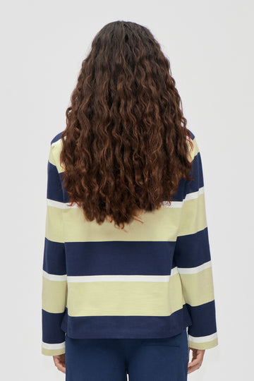 Stine Goya UK Polo Long Sleeve Top Top Yellow and Navy Blue Stripes
