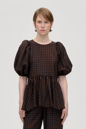 Stine Goya UK Puff Sleeve Peplum Top Top Morgensol Checks