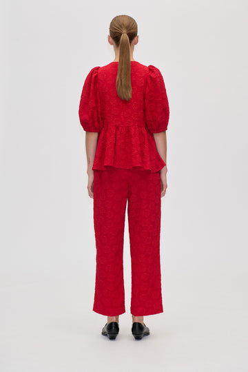 Stine Goya UK Puff Sleeve Peplum Top Top Red Rose Relief