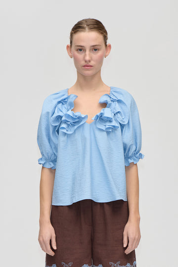 Stine Goya UK Puff Sleeve Top With Flower Details Top Bel Air Blue