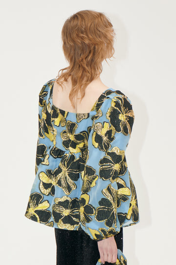 Stine Goya UK Square Neck Long Sleeve Top Top Blue Anemone Jacquard