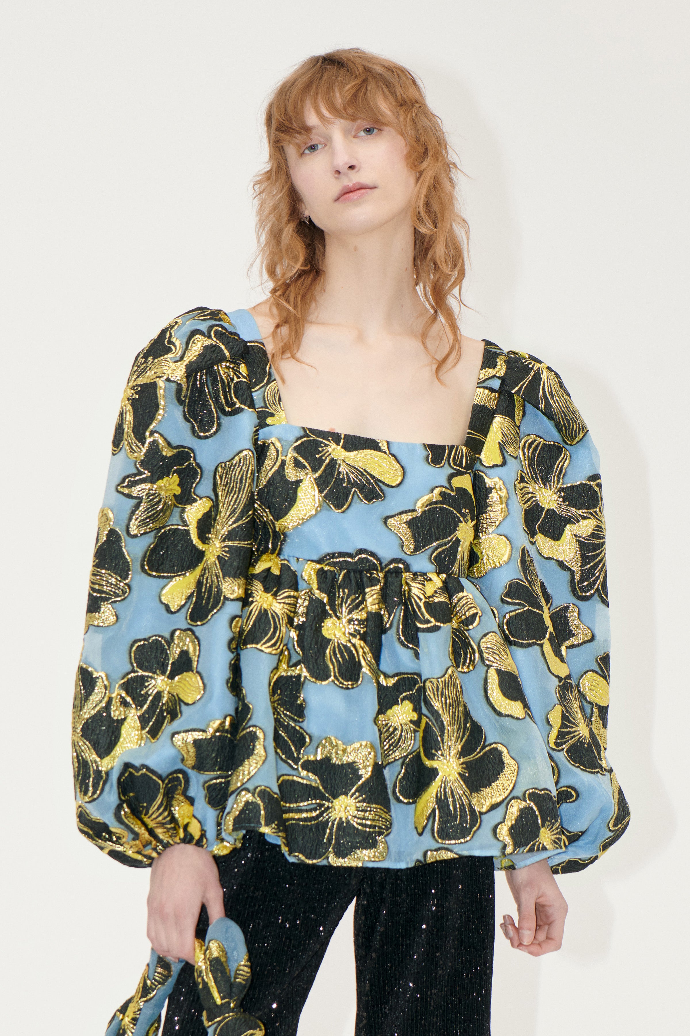 Square Neck Long Sleeve Top - Blue Anemone Jacquard - Stine