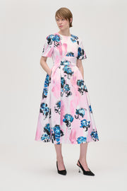 Stine Goya UK Statement Volume Midi Dress Dress Blue Roses On Blush